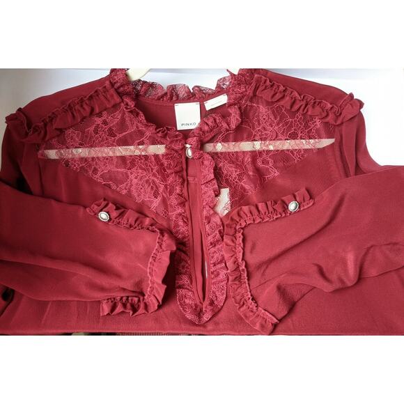 NWT PINKO Burgundy TOP With LACE & Ruffle - Picture 3 of 5